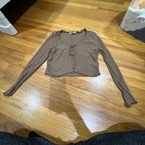 Brown long sleeve cardigan top with a knot to tie